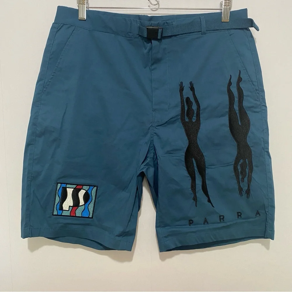 By Parra Men's Zebra Striped Teal‎ Shorts Size M Embroidered Casual New with Tag